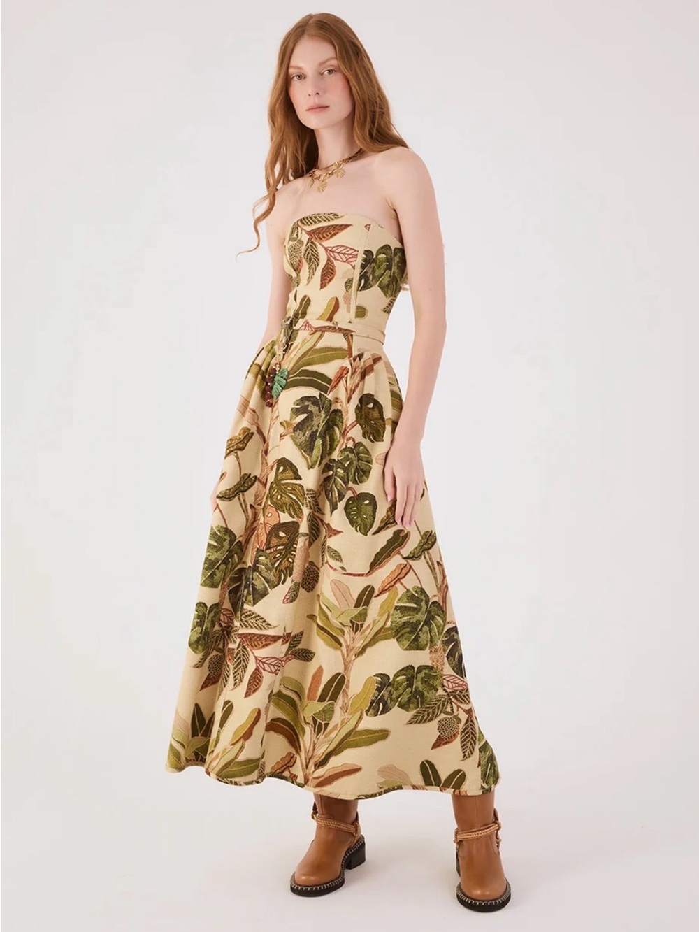 Dress to Strapless Beige Botanical Print Midi Dress